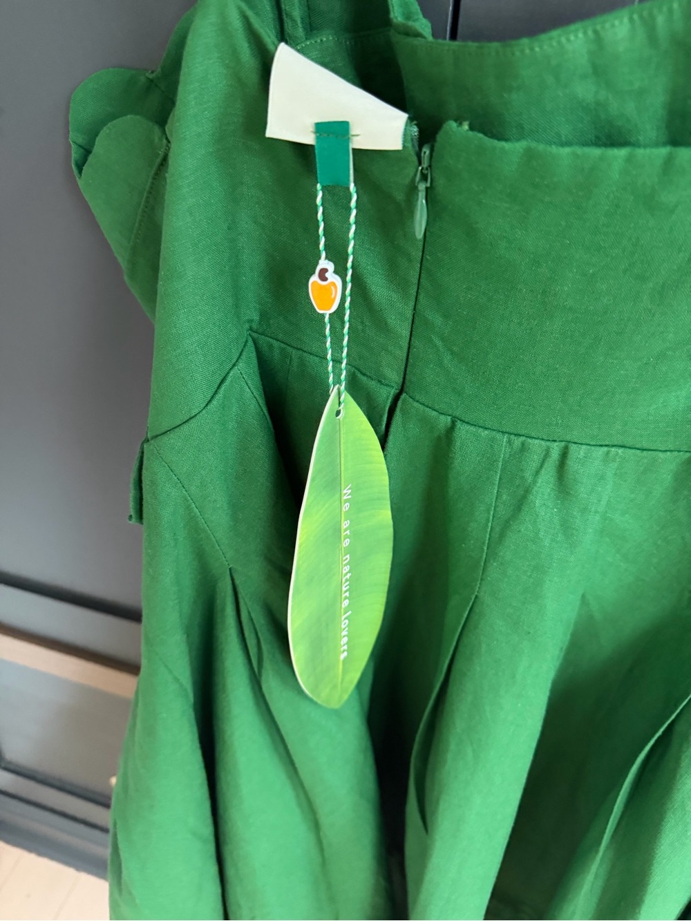 FARM Rio Green Lea One-Shoulder Pleated Linen-blend Mini Dress leaf bodice | S - Picture 8 of 10